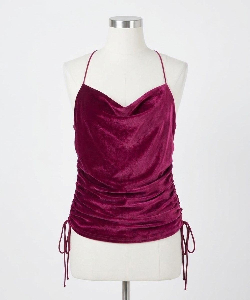 NEW SHE + SKY cowl neck velvet cami top in berry